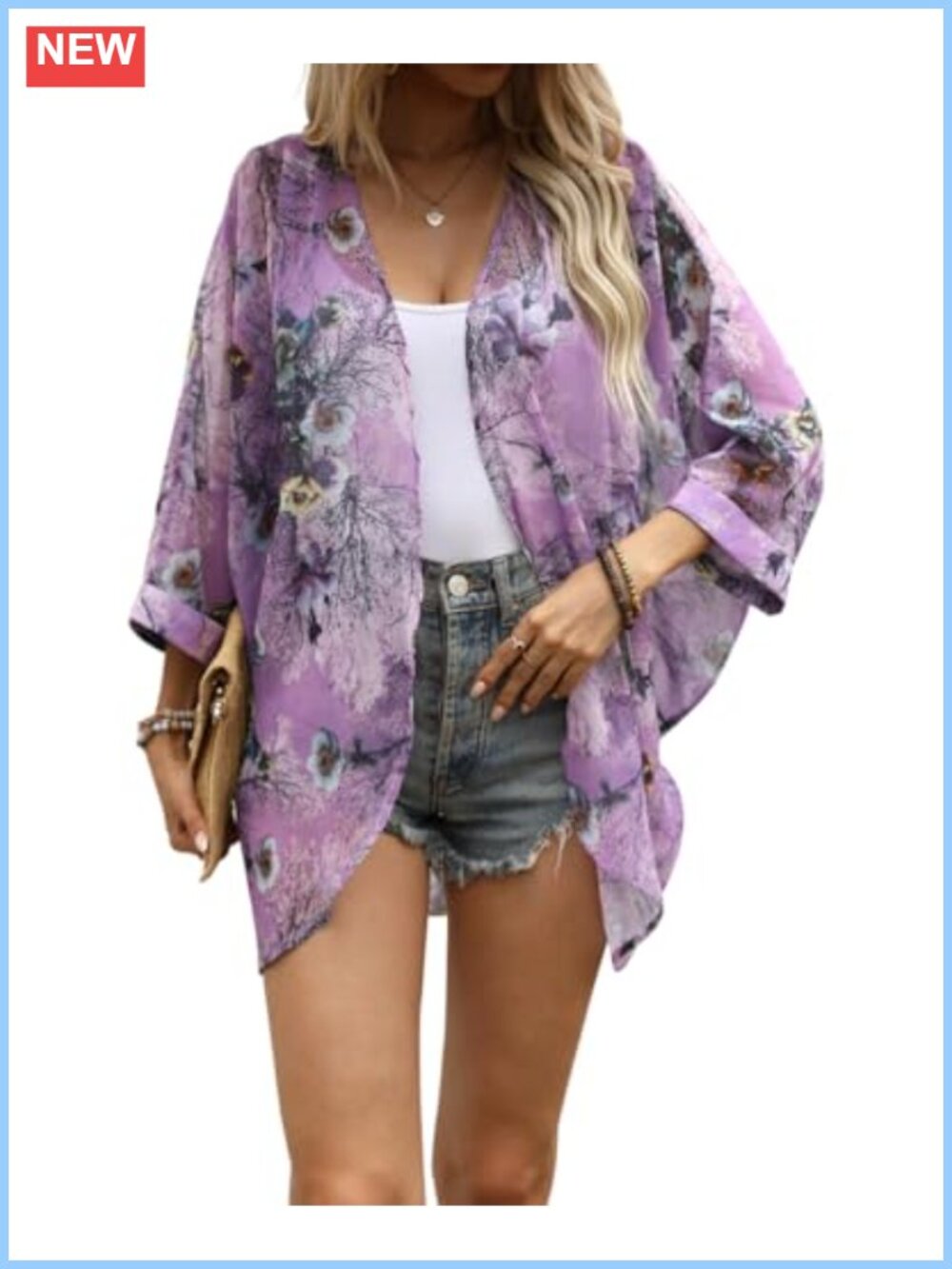 Floral Print Sheer Chiffon Bat Sleeve Open Front Kimono Cardigan Coverup